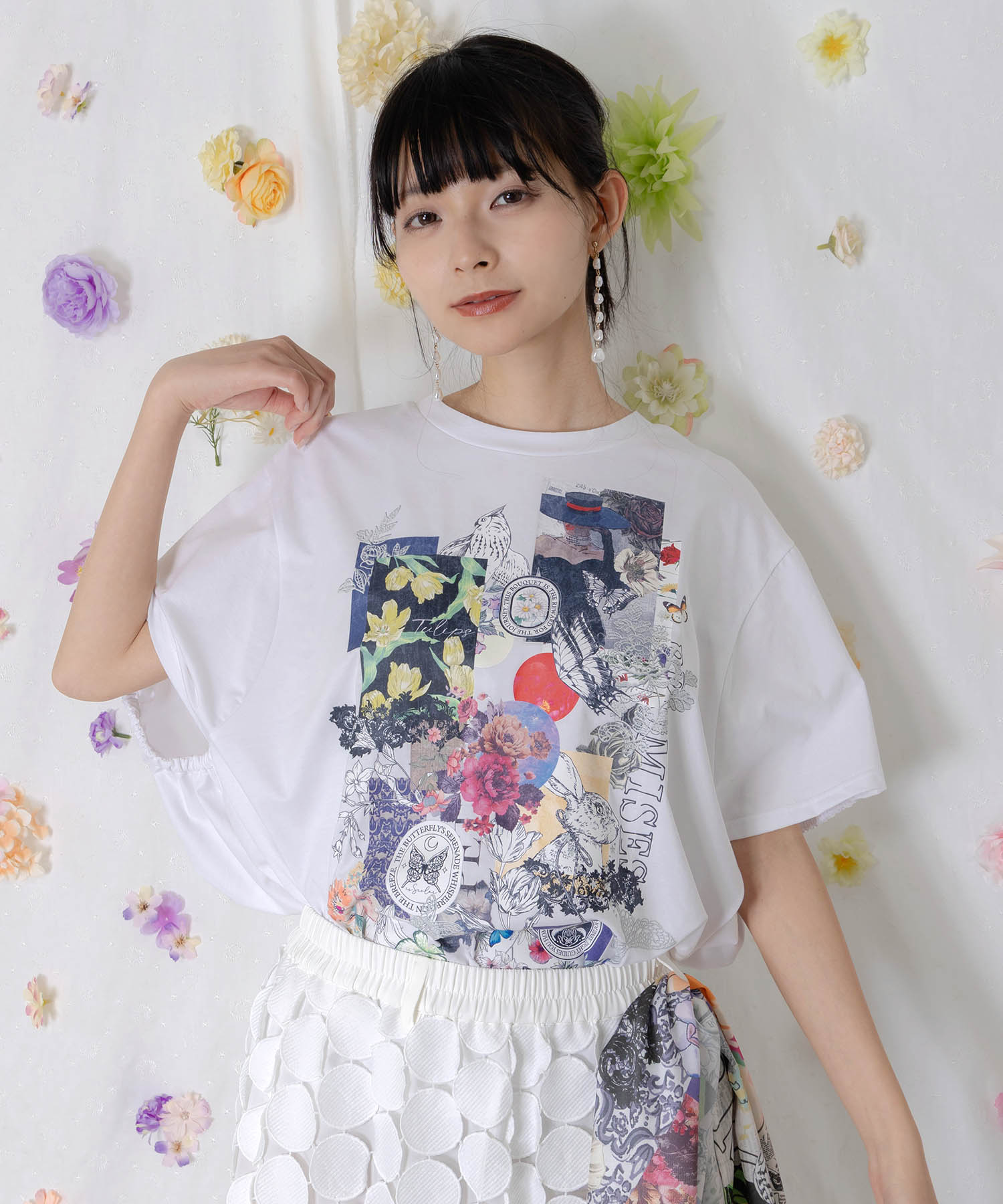 562208:花コラージュ柄シルケット天竺チュニックの通販-ScoLar 562208:花コラージュ柄シルケット天竺チュニックの通販-ScoLar