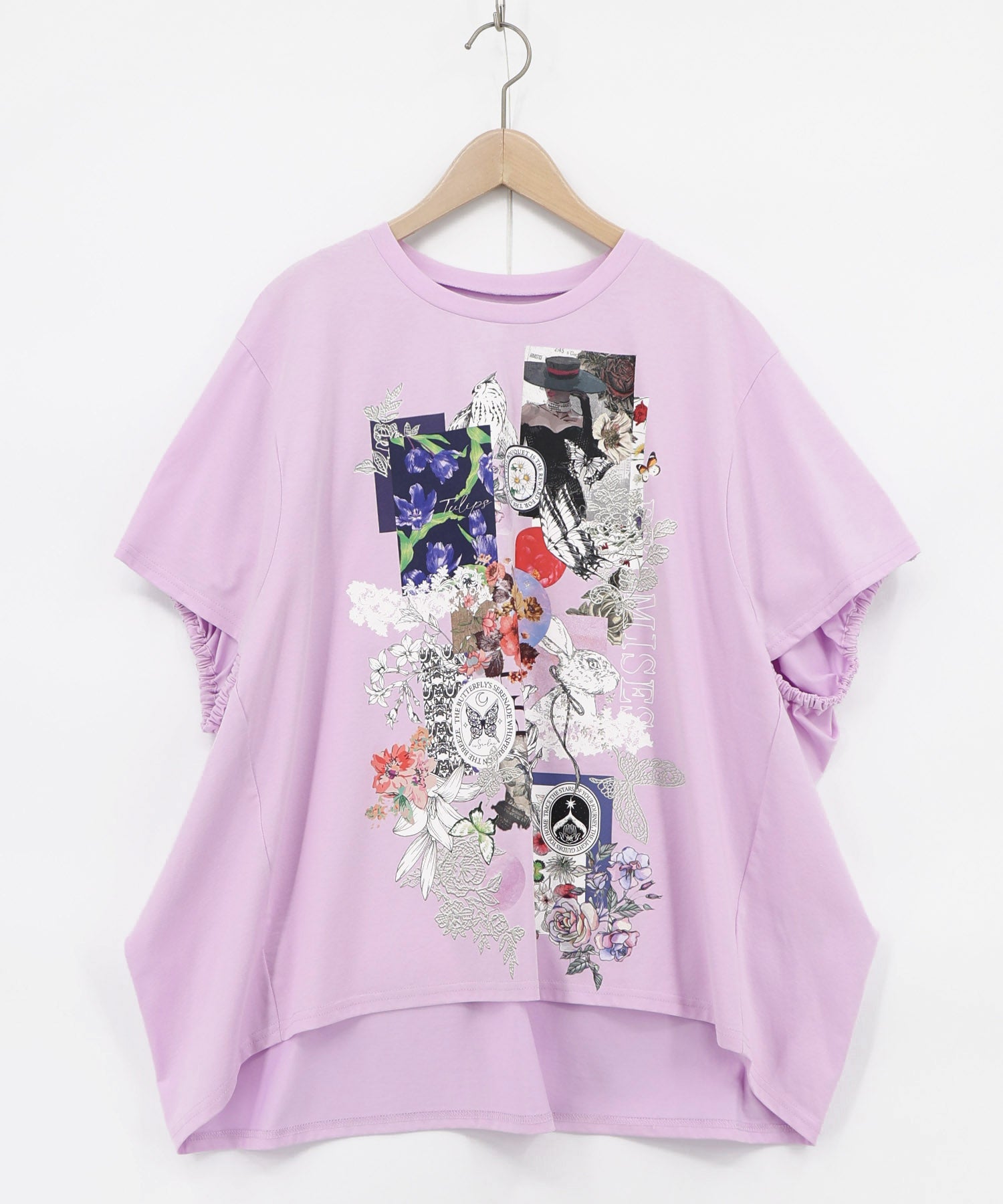 紫色 花柄カットアウトチュニック 長袖 562208：花コラージュ柄シルケット天竺チュニックの通販-ScoLar