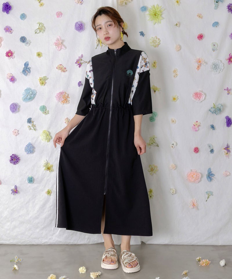 レーステープ×蝶柄生地×薄地ジャージワンピース-1