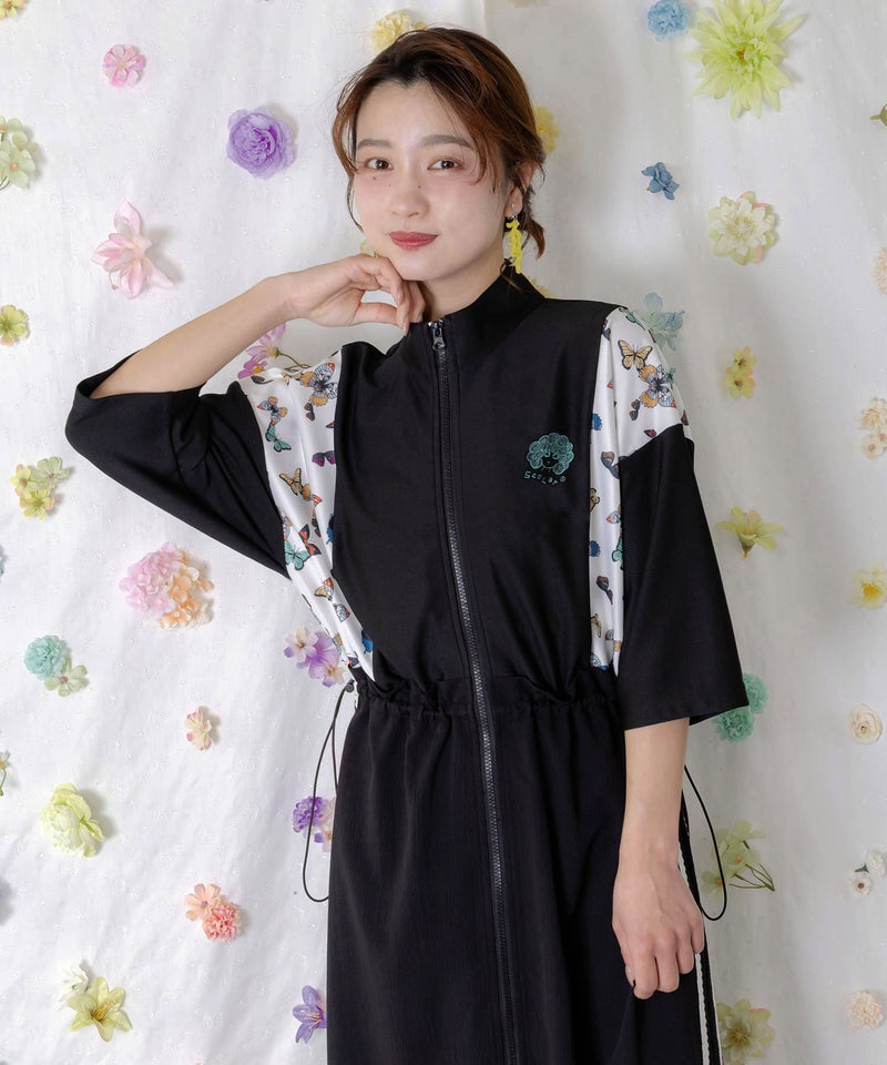 レーステープ×蝶柄生地×薄地ジャージワンピース-2