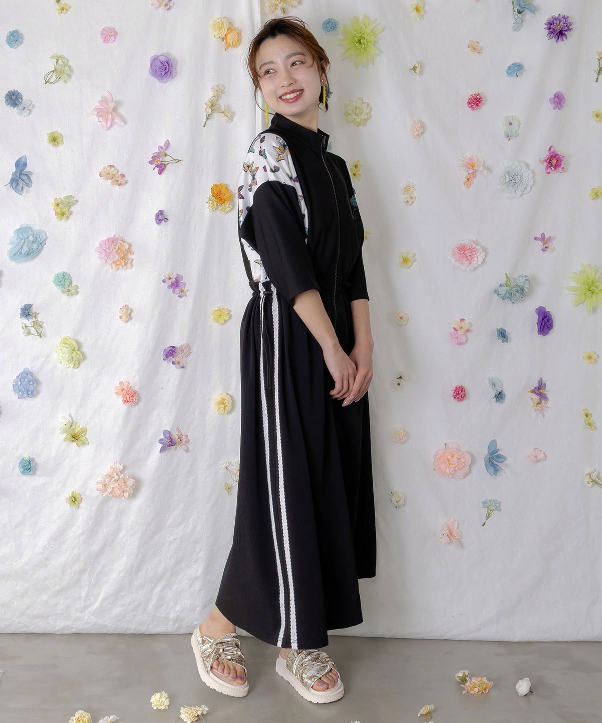 レーステープ×蝶柄生地×薄地ジャージワンピース-3