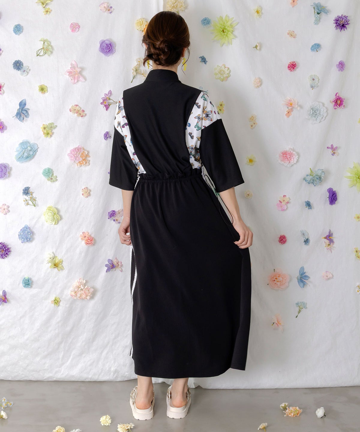 レーステープ×蝶柄生地×薄地ジャージワンピース-4