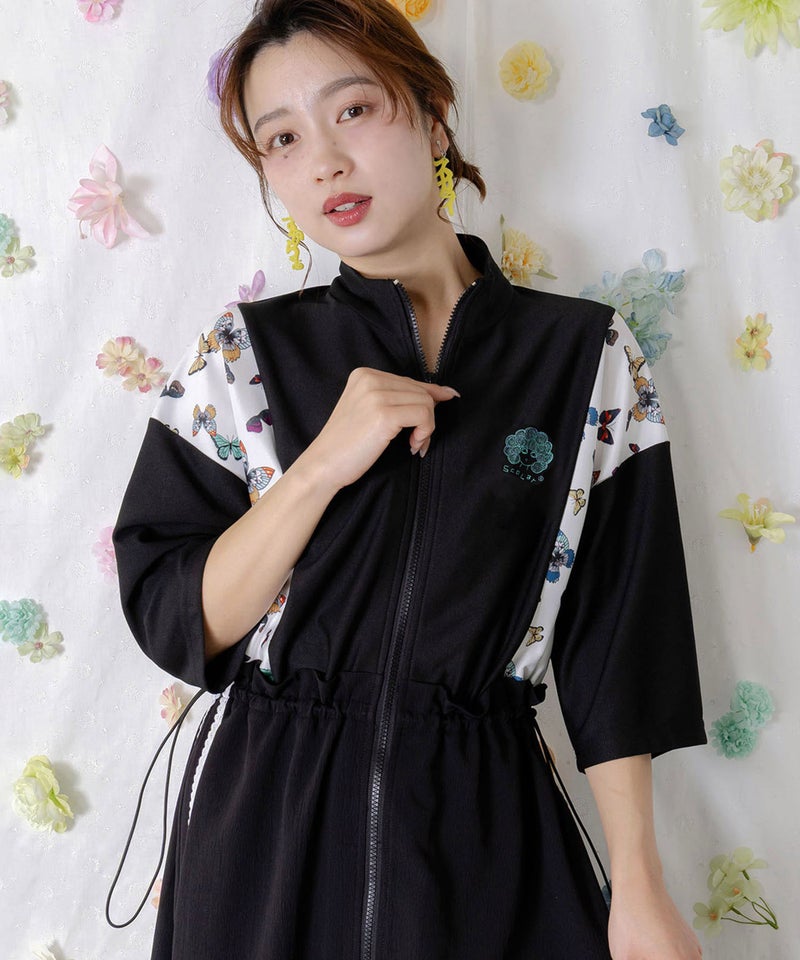 レーステープ×蝶柄生地×薄地ジャージワンピース-6