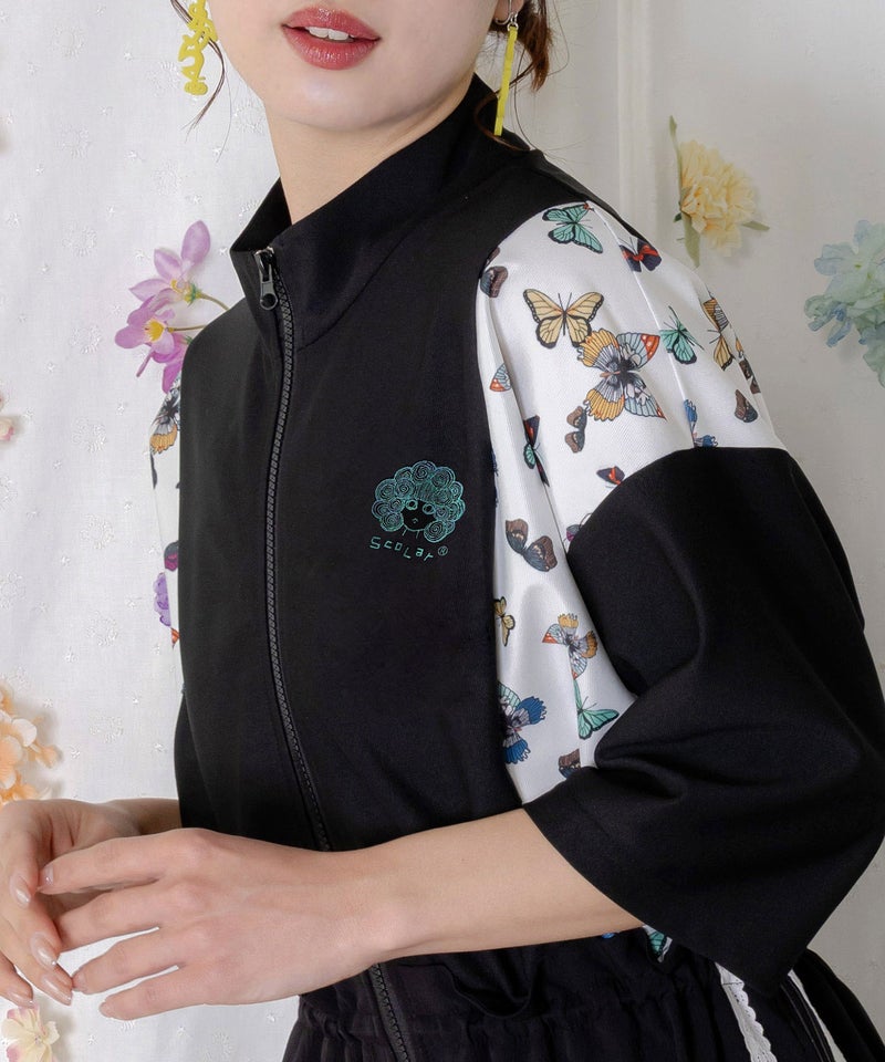 レーステープ×蝶柄生地×薄地ジャージワンピース-7