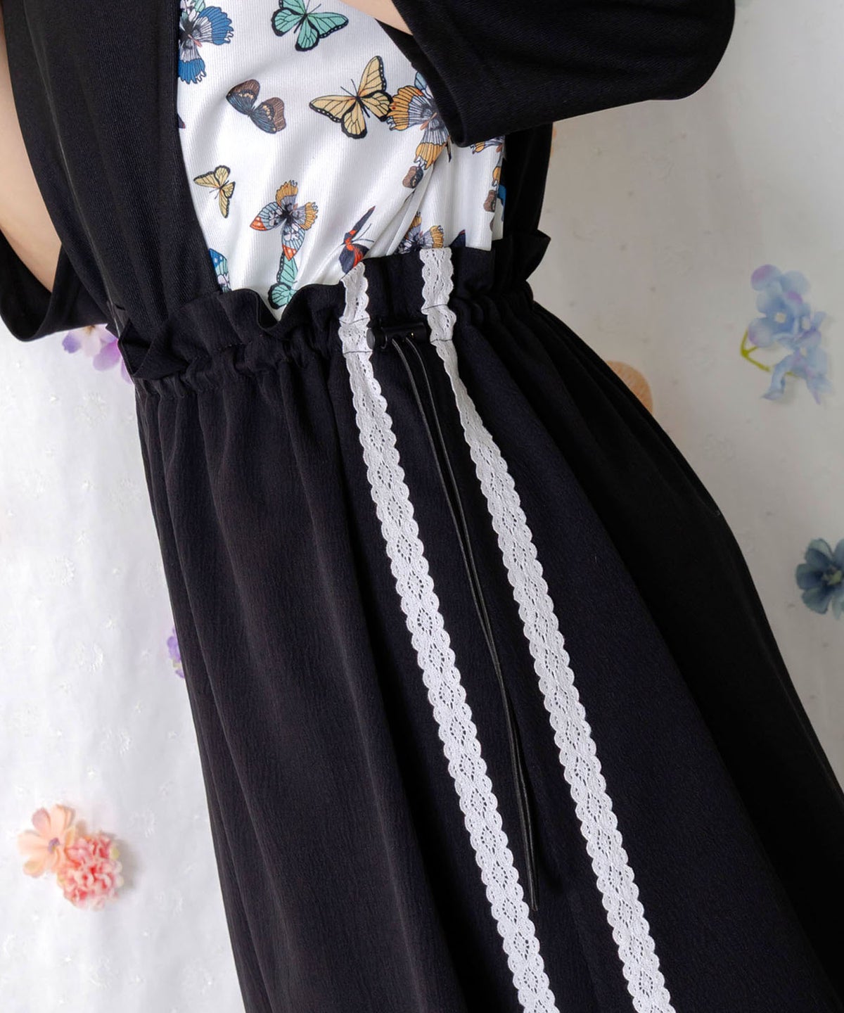 レーステープ×蝶柄生地×薄地ジャージワンピース-8