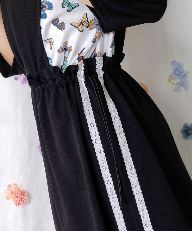 レーステープ×蝶柄生地×薄地ジャージワンピース-8