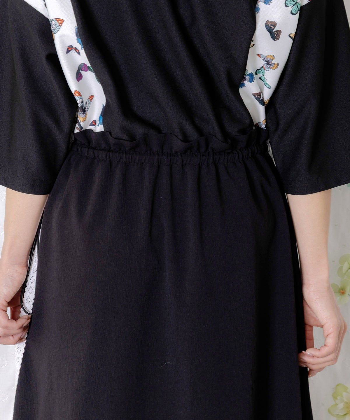 レーステープ×蝶柄生地×薄地ジャージワンピース-9