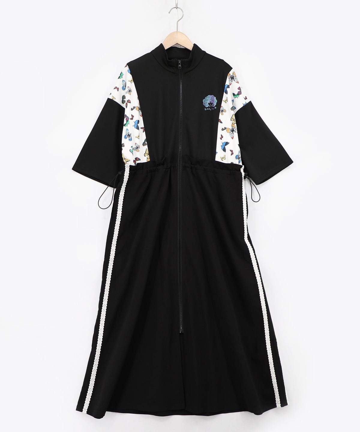 レーステープ×蝶柄生地×薄地ジャージワンピース-11