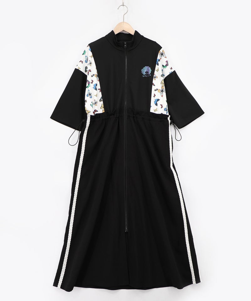 レーステープ×蝶柄生地×薄地ジャージワンピース-11