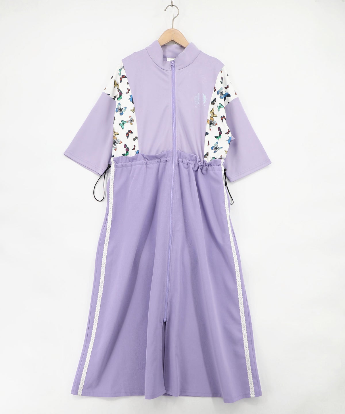 レーステープ×蝶柄生地×薄地ジャージワンピース-15