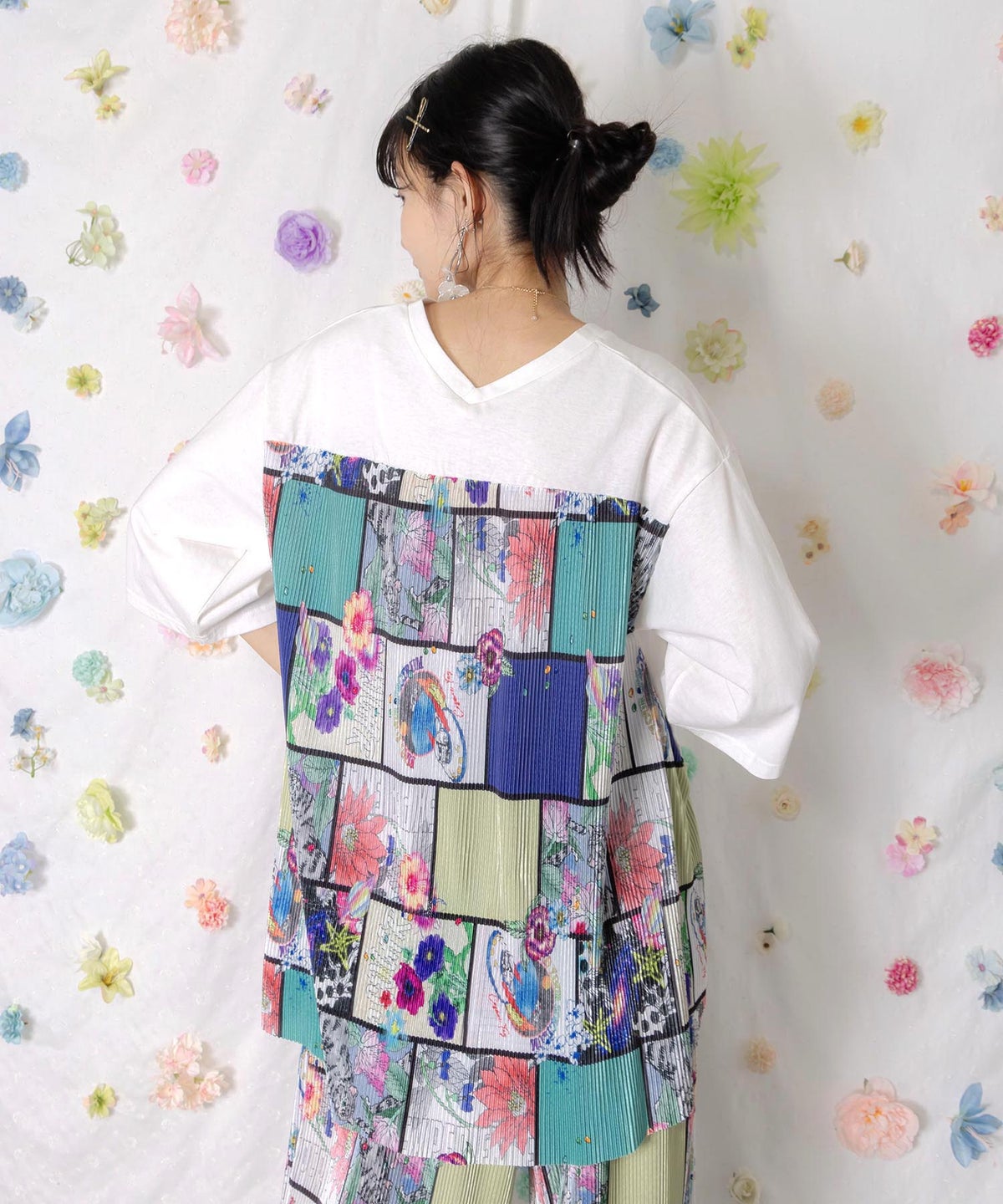 アートコラージュ柄プリーツ切替 接触冷感プルオーバー-1