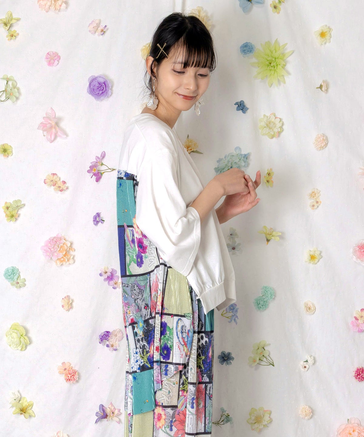 アートコラージュ柄プリーツ切替 接触冷感プルオーバー-4