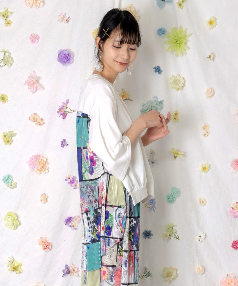 アートコラージュ柄プリーツ切替 接触冷感プルオーバー-4