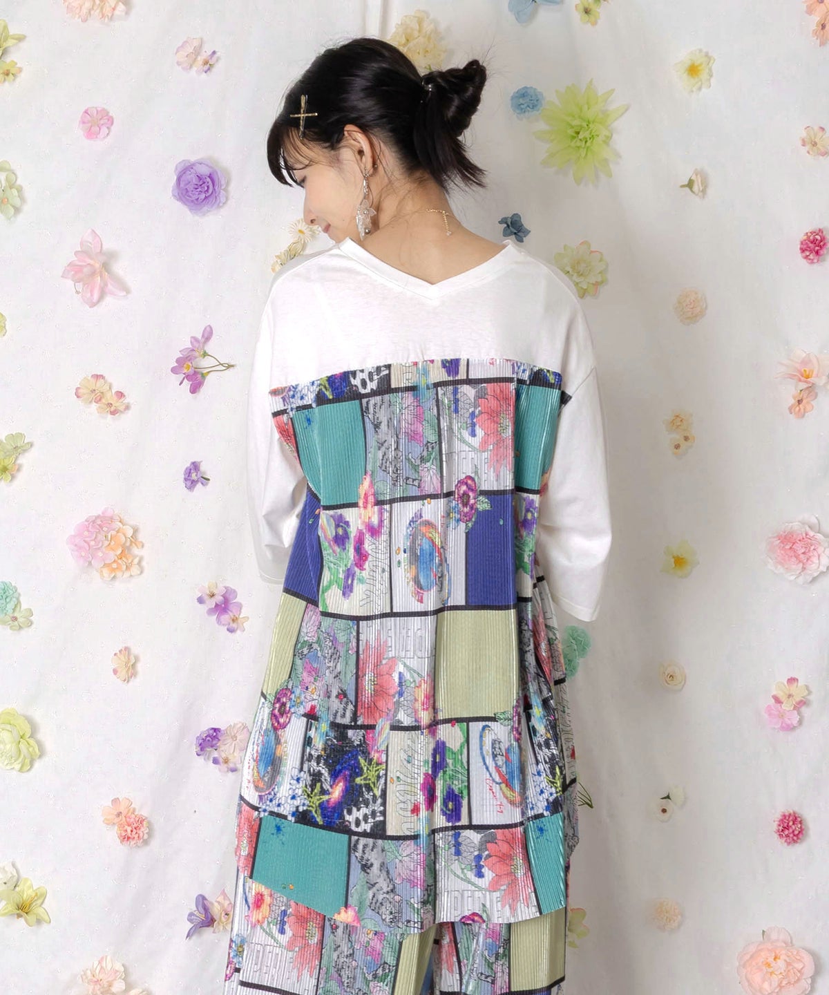 アートコラージュ柄プリーツ切替 接触冷感プルオーバー-5