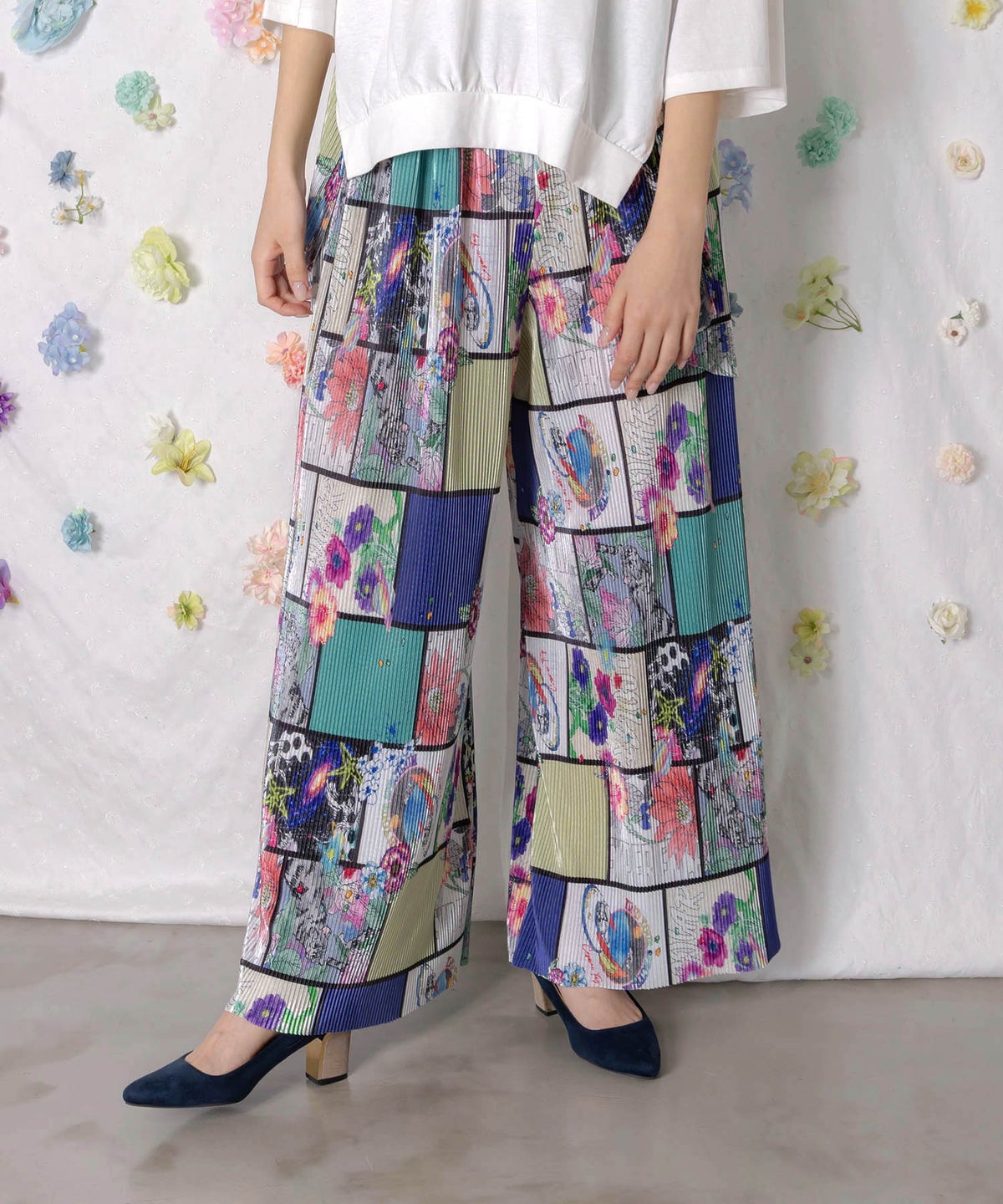 アートコラージュ柄プリーツパンツ-1