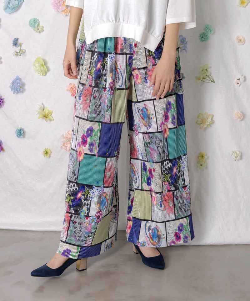 アートコラージュ柄プリーツパンツ-1