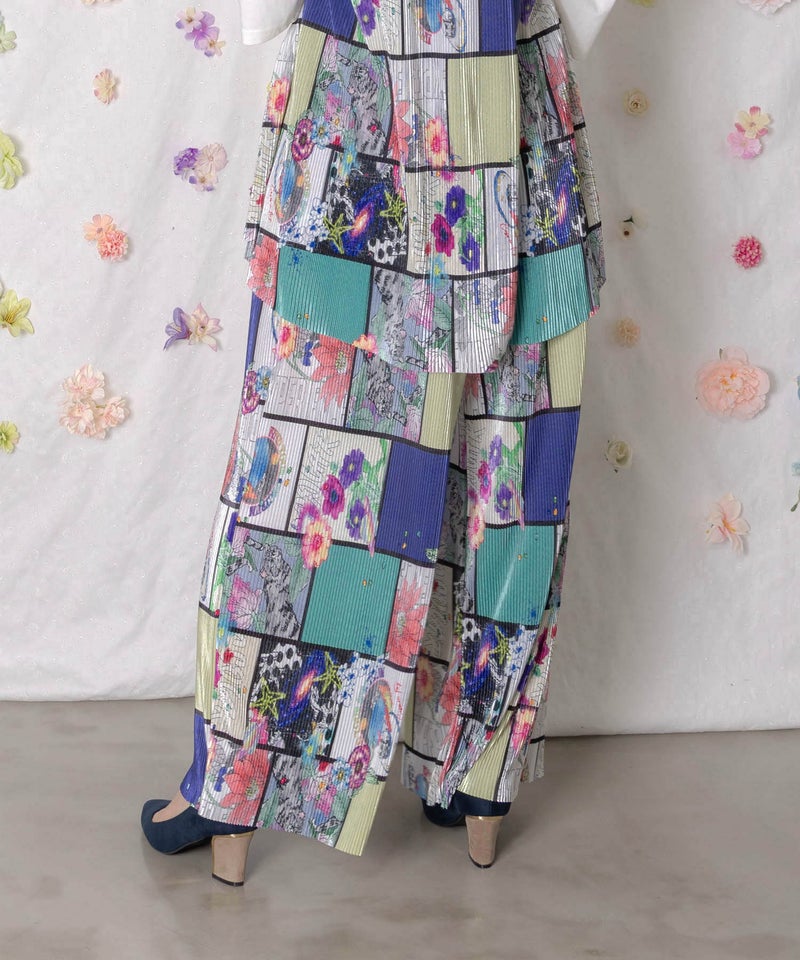 アートコラージュ柄プリーツパンツ-4