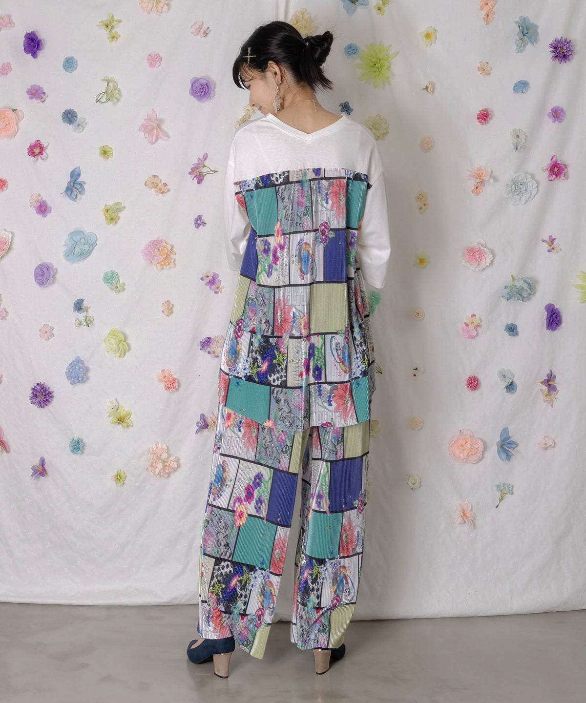 アートコラージュ柄プリーツパンツ-5