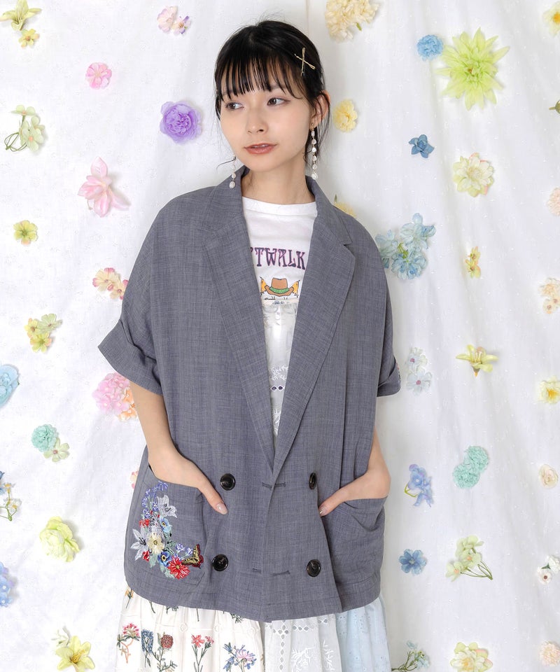 花ネコ刺繍入り半袖ジャケット-1