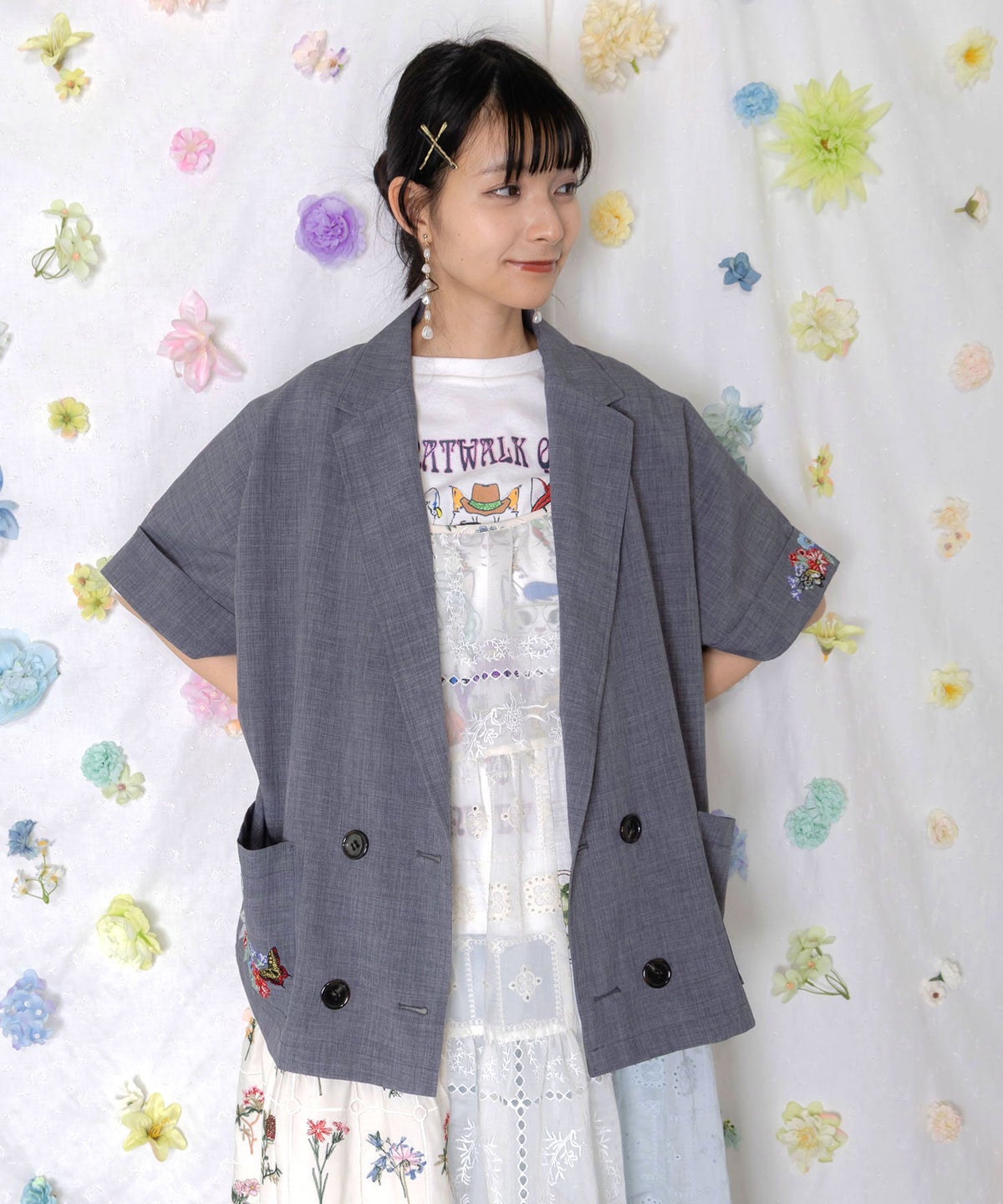 花ネコ刺繍入り半袖ジャケット-2