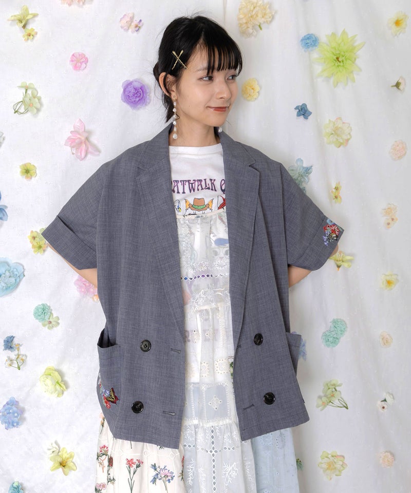 花ネコ刺繍入り半袖ジャケット-2