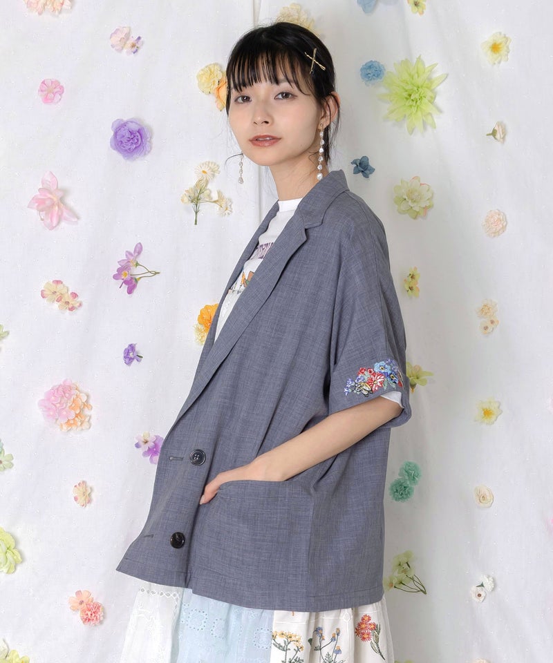 花ネコ刺繍入り半袖ジャケット-4