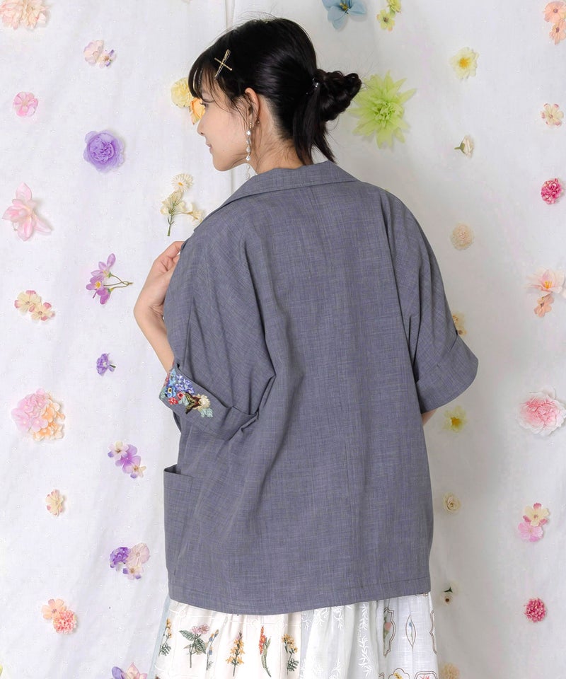 花ネコ刺繍入り半袖ジャケット-5