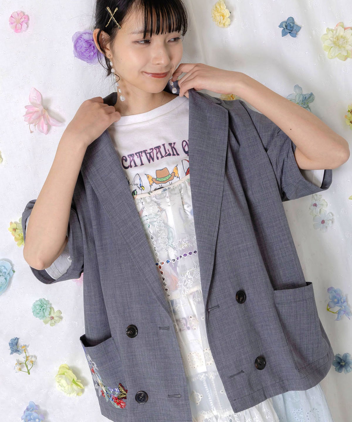 花ネコ刺繍入り半袖ジャケット-6