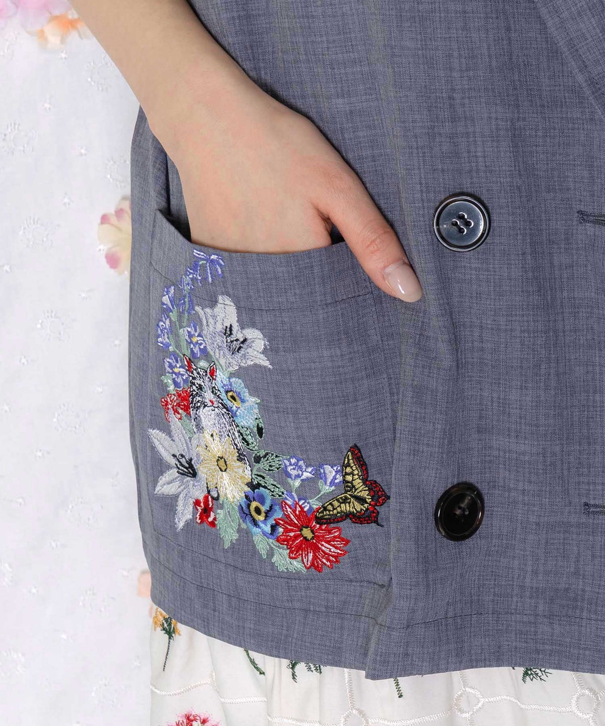 花ネコ刺繍入り半袖ジャケット-7