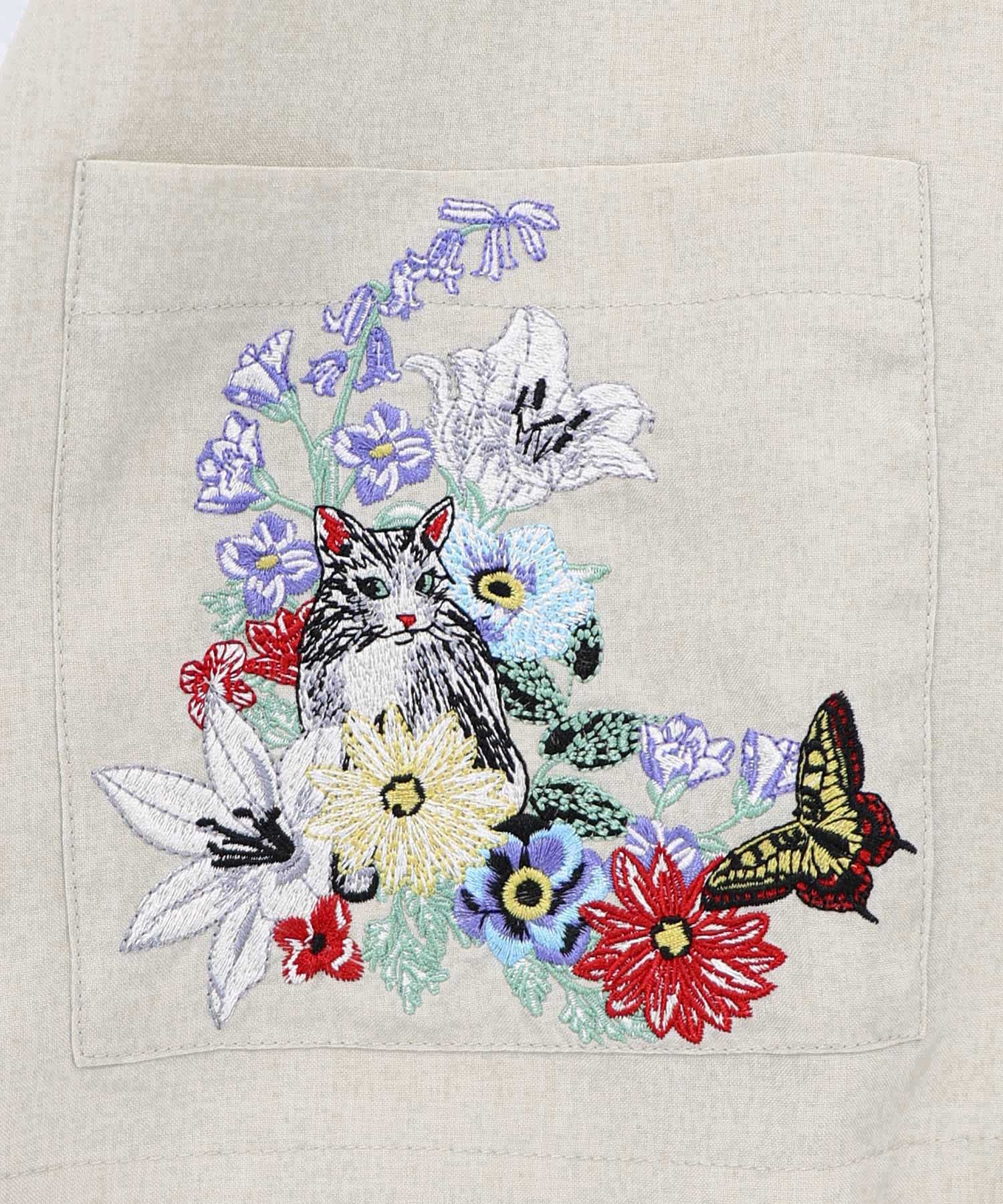 スカラー 162607：花ネコ刺繍入り半袖ジャケット 162607：花ネコ刺繍入り半袖ジャケットの通販-ScoLar