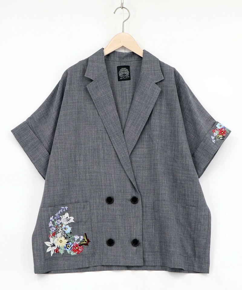 花ネコ刺繍入り半袖ジャケット-11