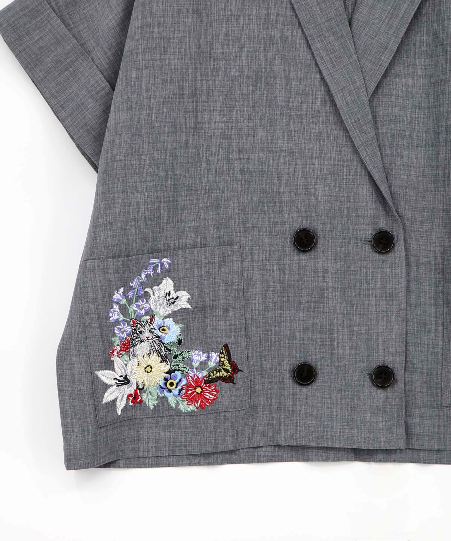 162607：花ネコ刺繍入り半袖ジャケットの通販-ScoLar