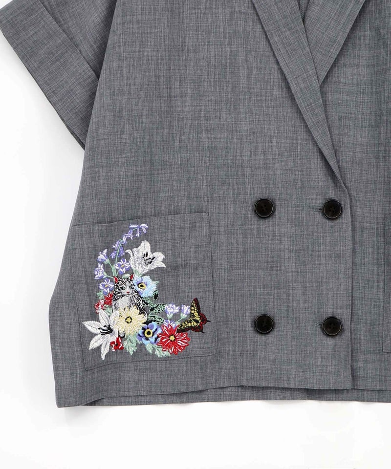 花ネコ刺繍入り半袖ジャケット-16
