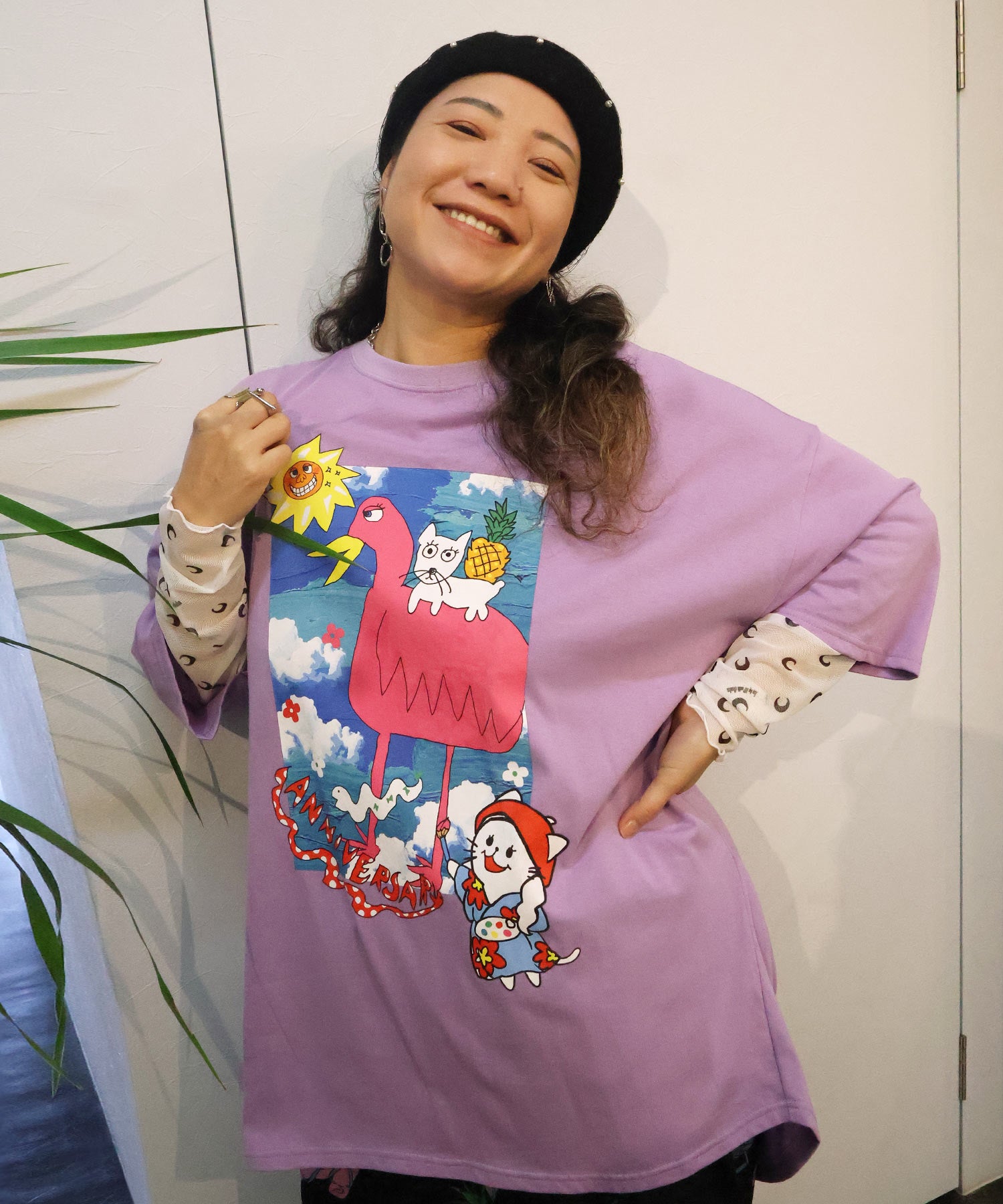 近年　極美品　大きいサイズ　花柄 ネイビー 紫 半袖チュニック 462002：仲宗根泉(HY)コラボ 描き下ろしレイヤード風チュニックの通販