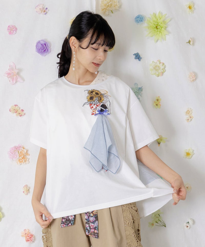 ストライプ×シフォン×天竺 異素材刺繍Tシャツ-1