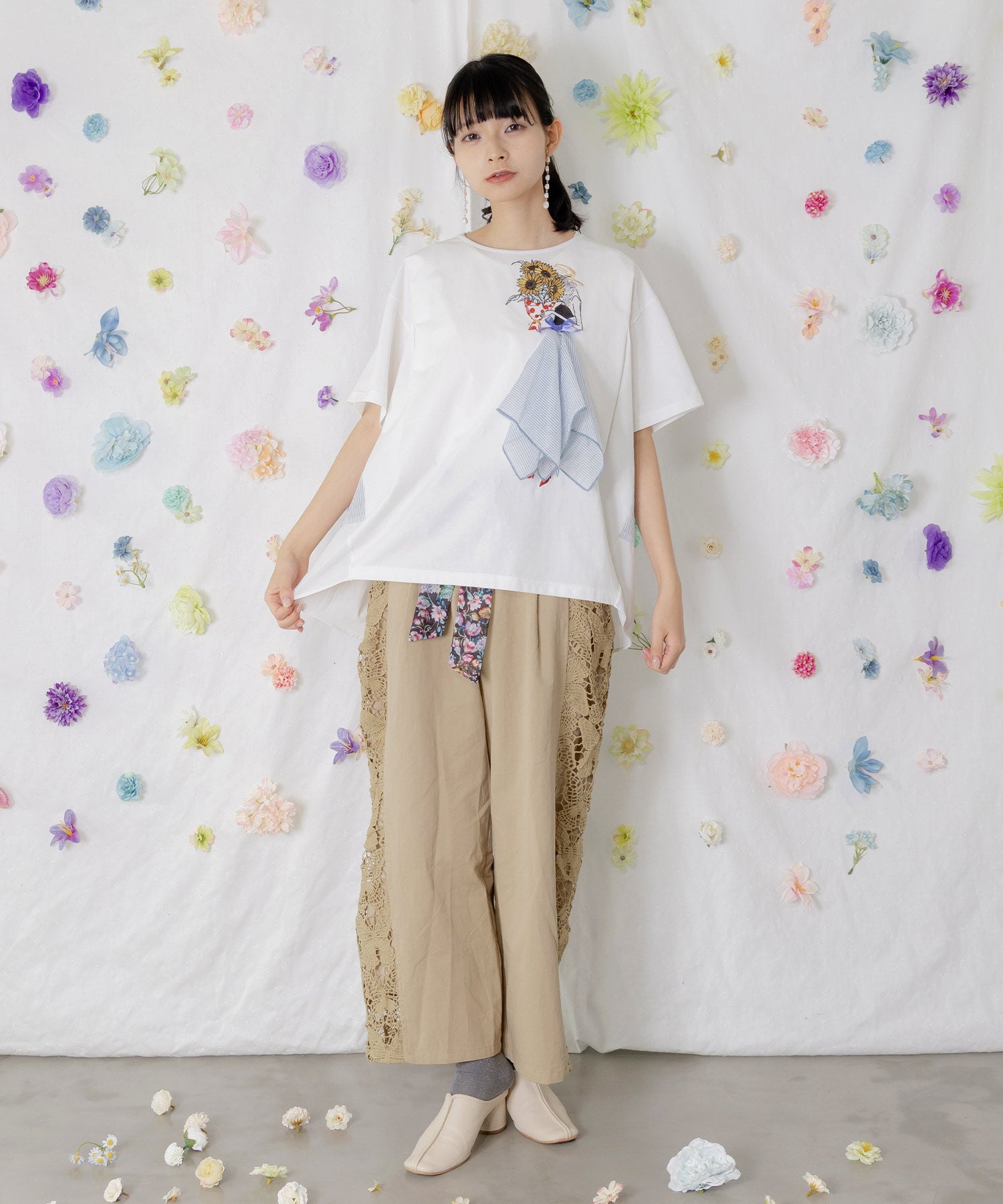 562209：ストライプ×シフォン×天竺 異素材刺繍Tシャツの通販-ScoLar