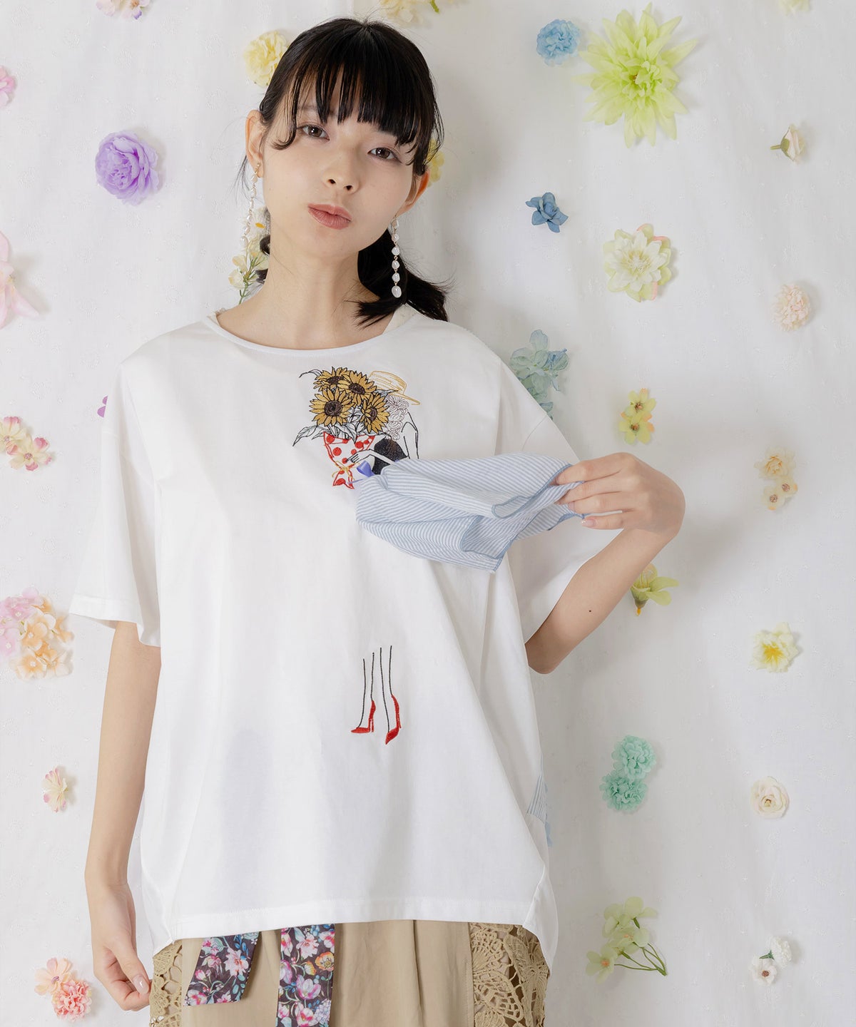 ストライプ×シフォン×天竺 異素材刺繍Tシャツ-3