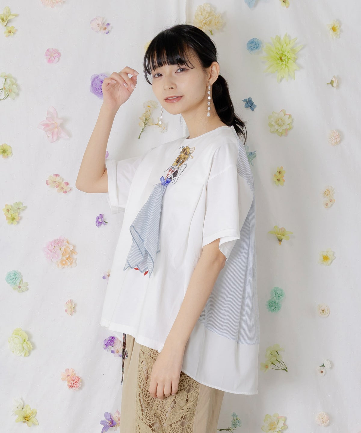 ストライプ×シフォン×天竺 異素材刺繍Tシャツ-4