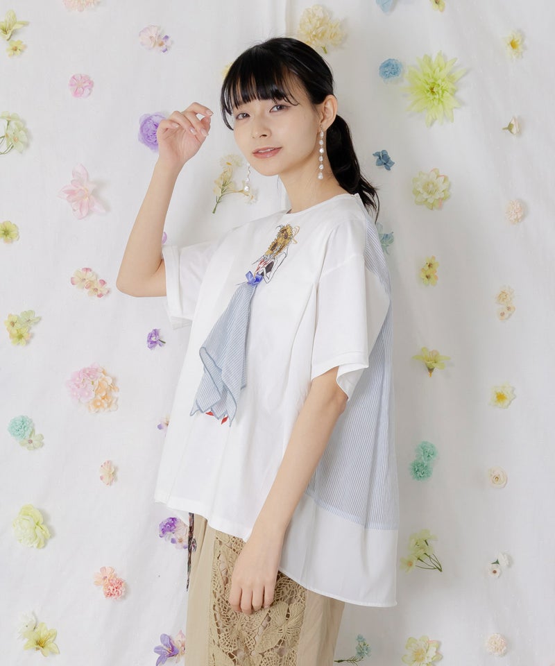 ストライプ×シフォン×天竺 異素材刺繍Tシャツ-4
