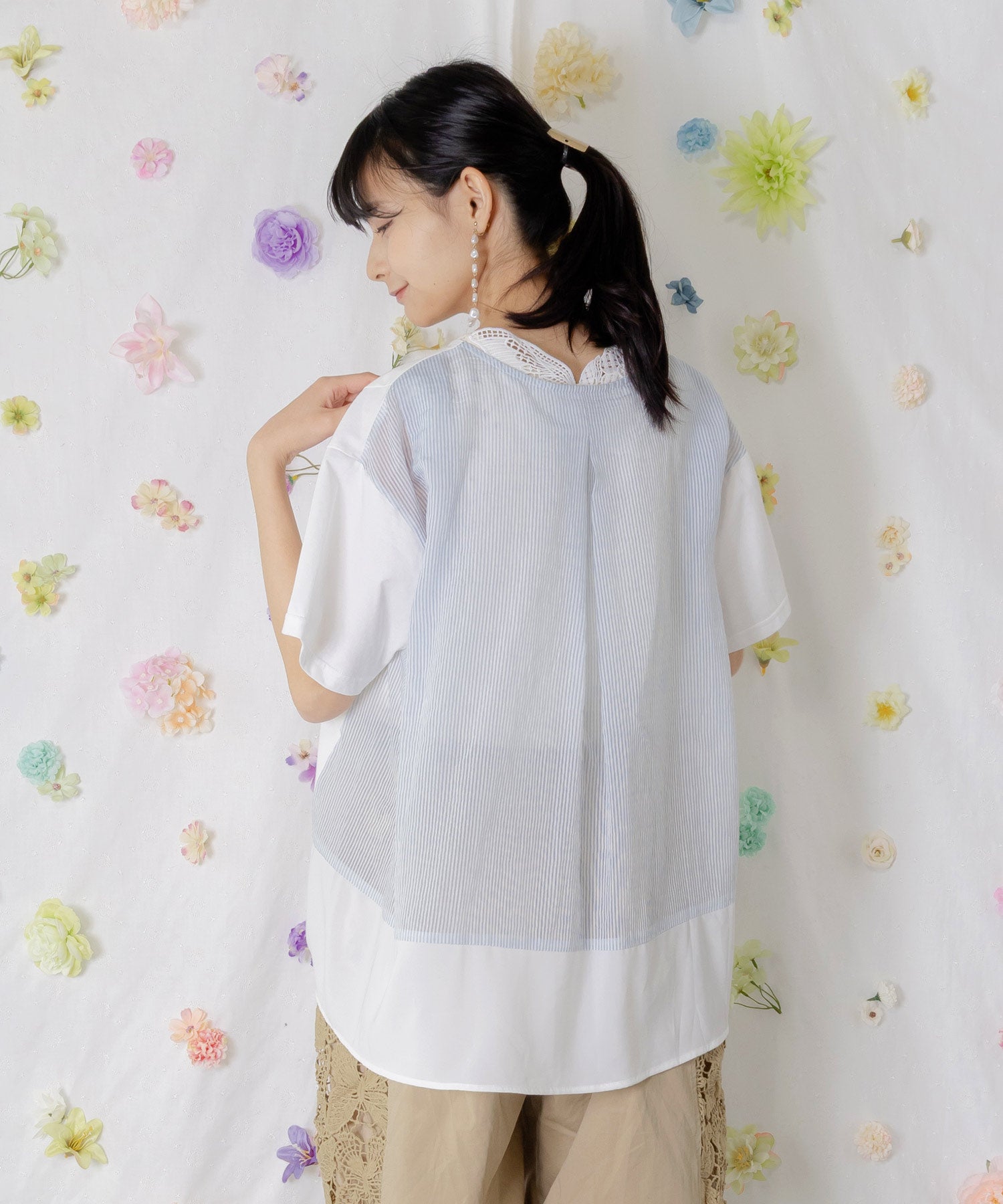 562209：ストライプ×シフォン×天竺 異素材刺繍Tシャツの通販-ScoLar