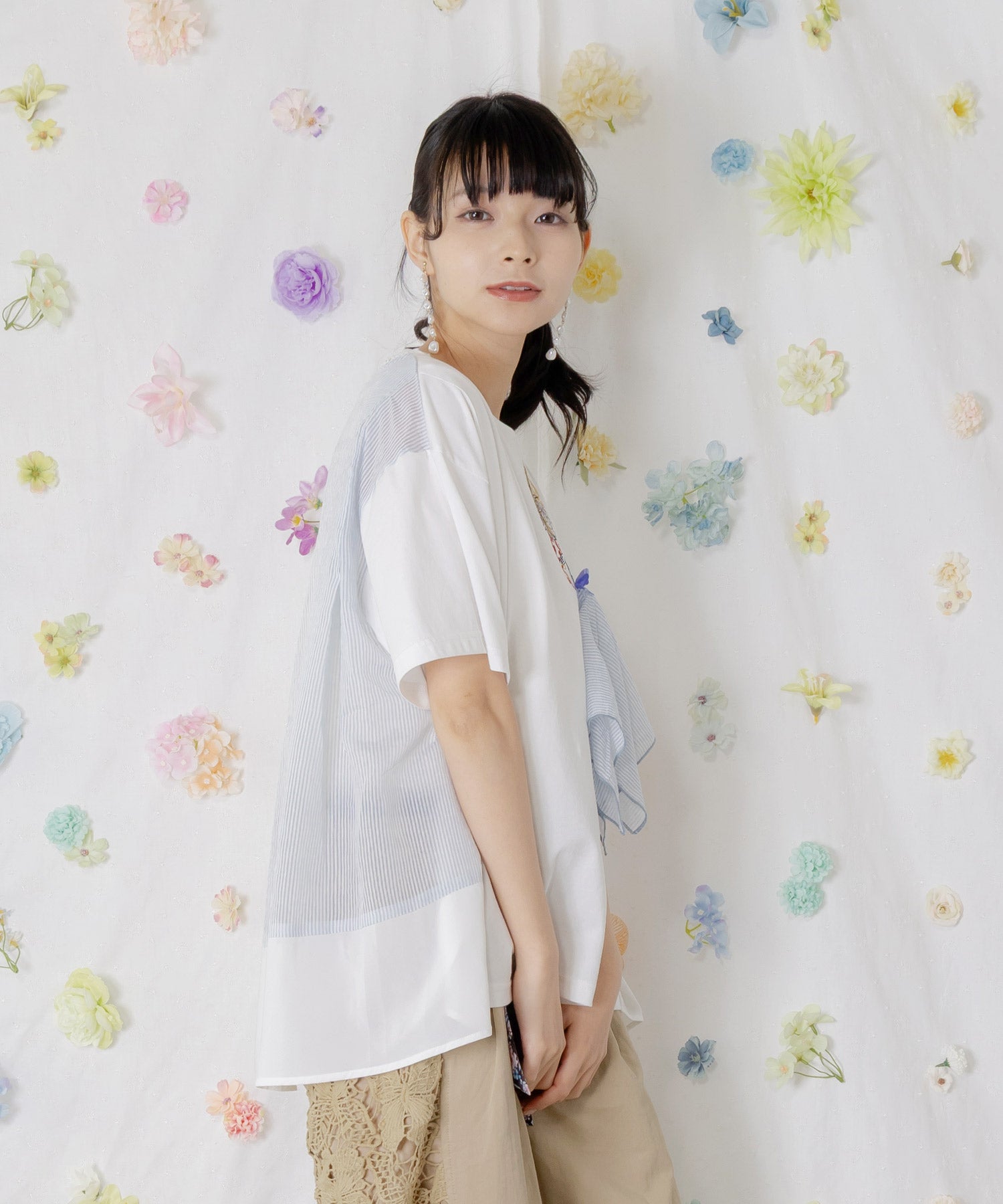 562209：ストライプ×シフォン×天竺 異素材刺繍Tシャツの通販-ScoLar