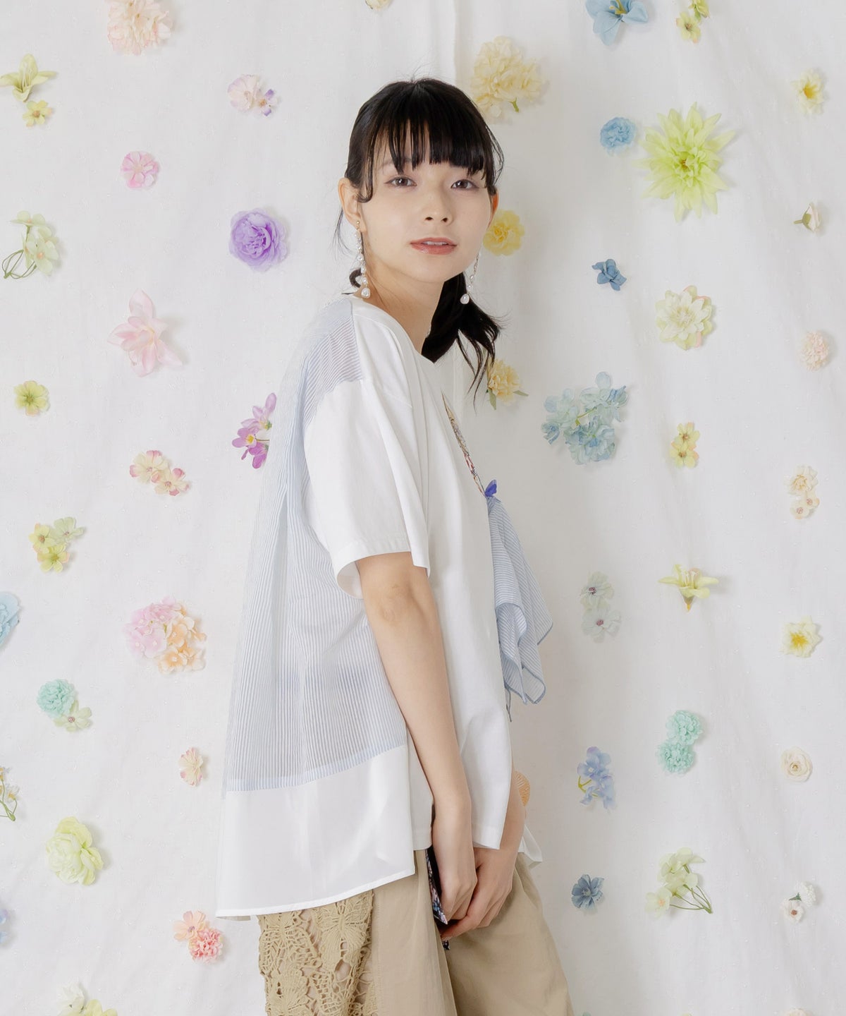 ストライプ×シフォン×天竺 異素材刺繍Tシャツ-6