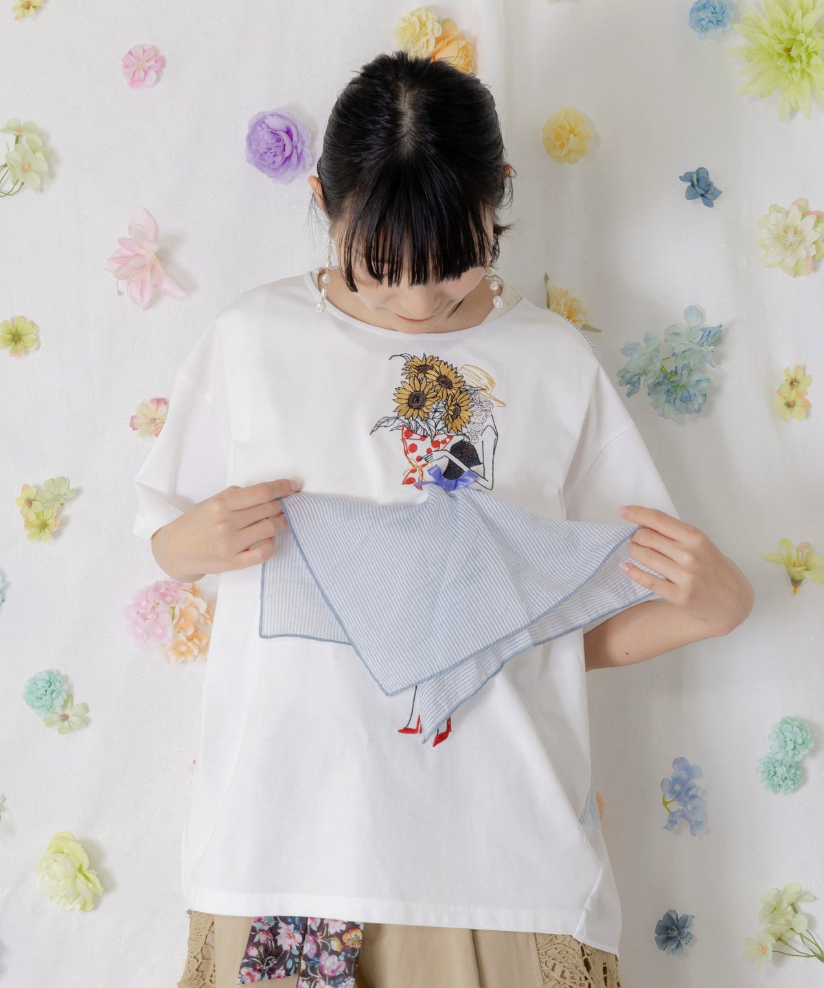 ストライプ×シフォン×天竺 異素材刺繍Tシャツ-7