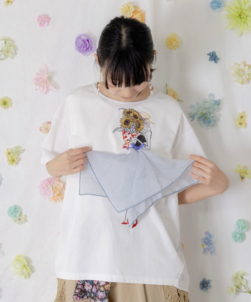 ストライプ×シフォン×天竺 異素材刺繍Tシャツ-7