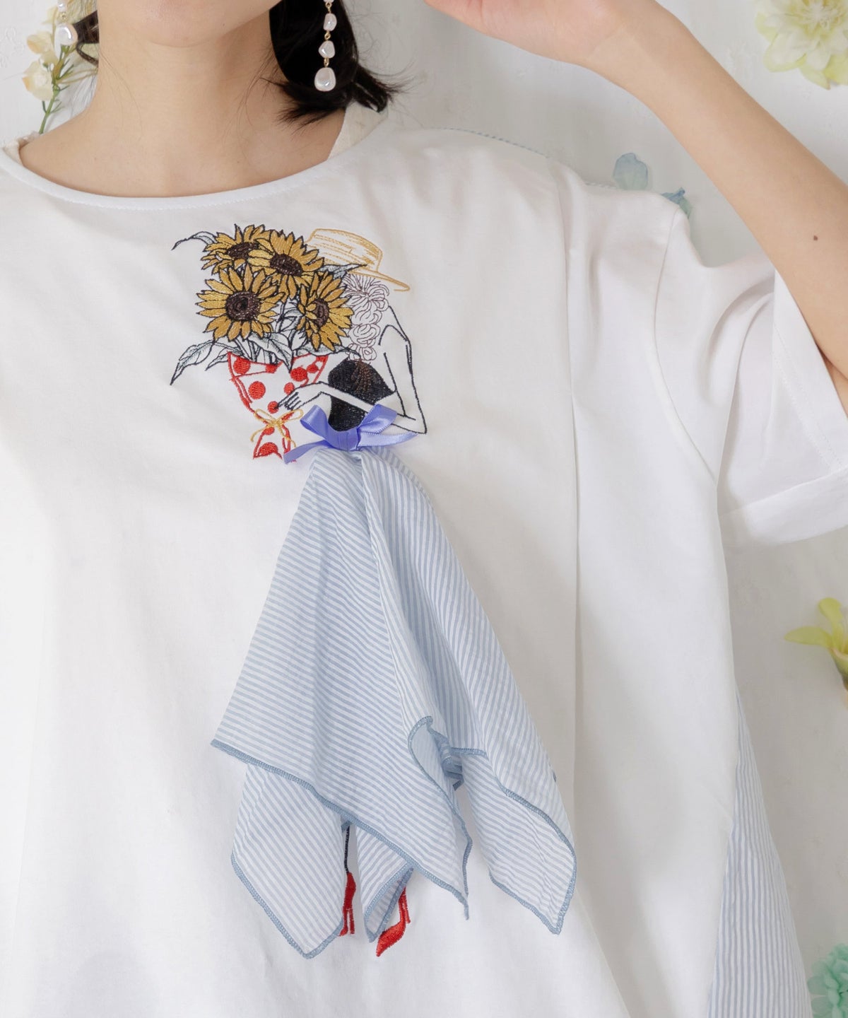 ストライプ×シフォン×天竺 異素材刺繍Tシャツ-8