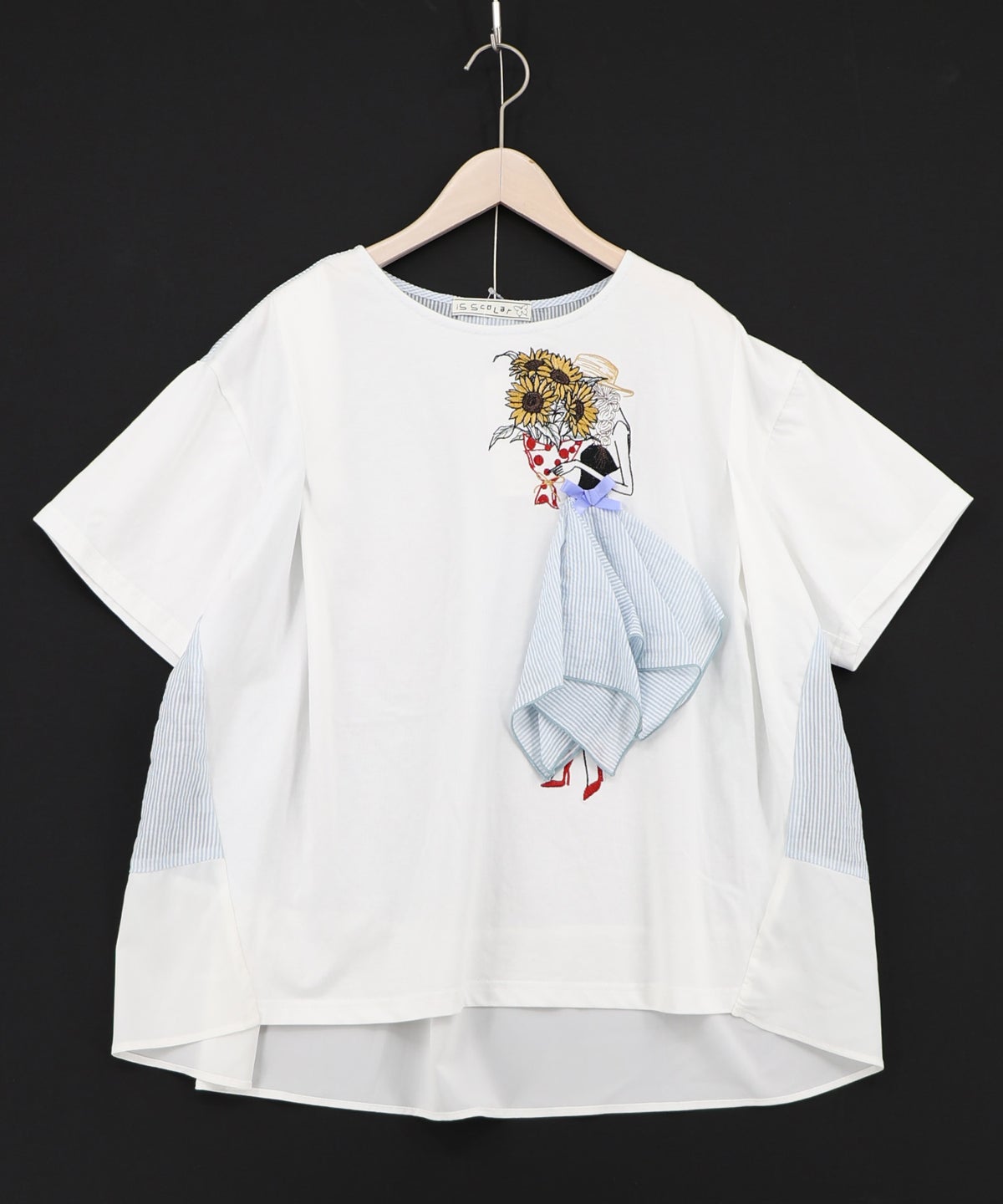 ストライプ×シフォン×天竺 異素材刺繍Tシャツ-9