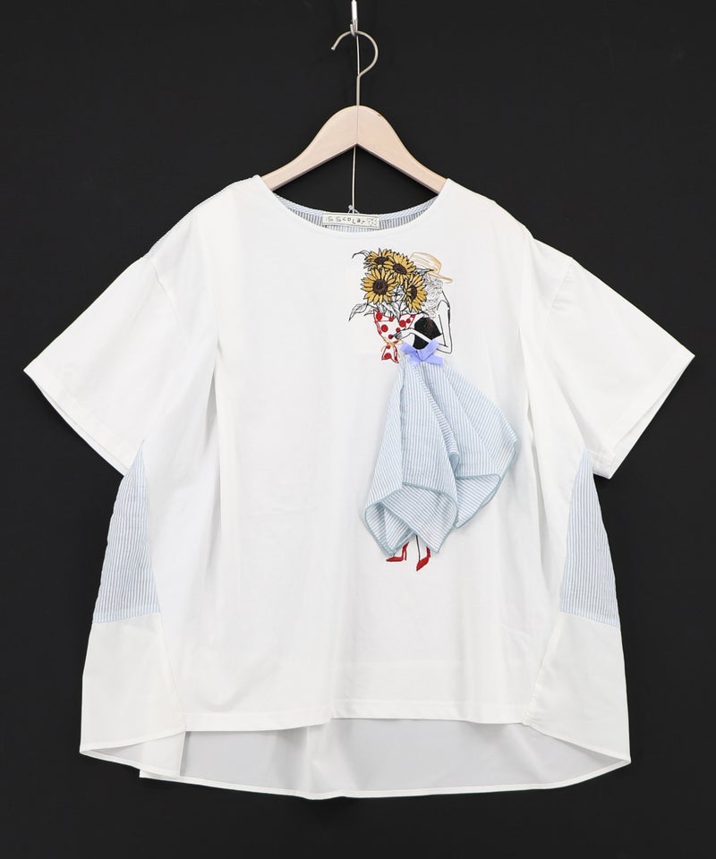 ストライプ×シフォン×天竺 異素材刺繍Tシャツ-9