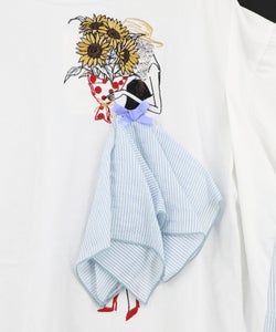 ストライプ×シフォン×天竺 異素材刺繍Tシャツ-11