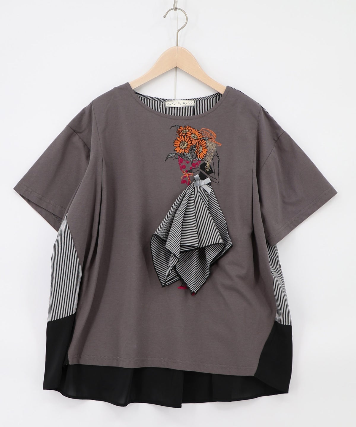 ストライプ×シフォン×天竺 異素材刺繍Tシャツ-12