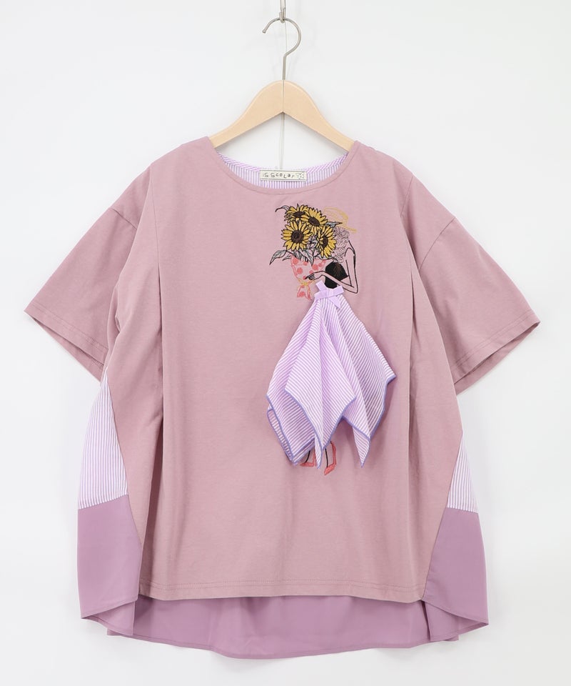 ストライプ×シフォン×天竺 異素材刺繍Tシャツ-15